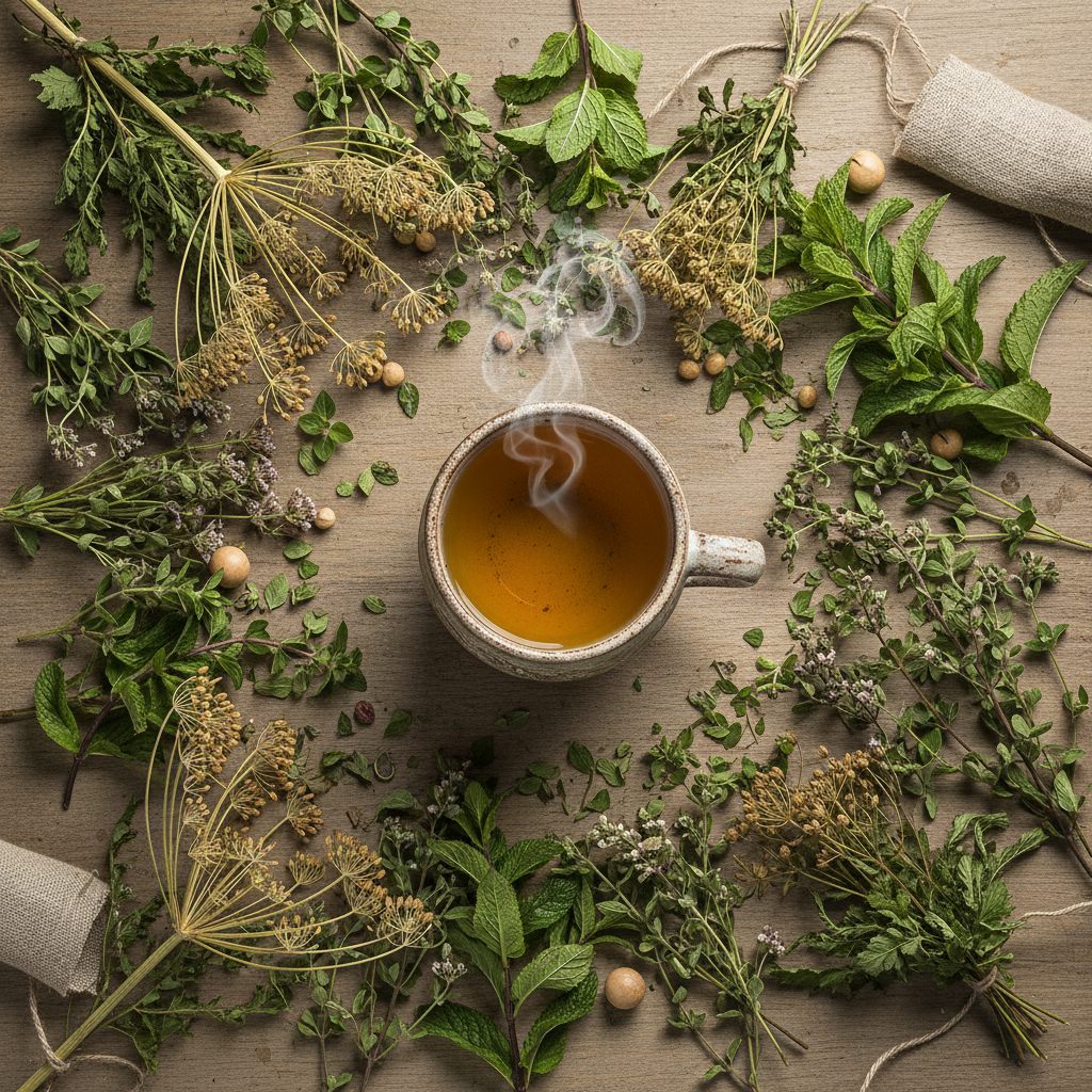 La tisane de fenouil sauvage, d'origan, de menthe et d'ortie : antioxydants, purifie le sang, antibactérien, et soulage les ballonnements et la toux.